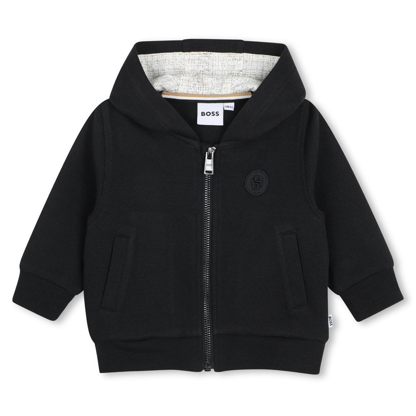Black Textured Hooded Tracksuit Set