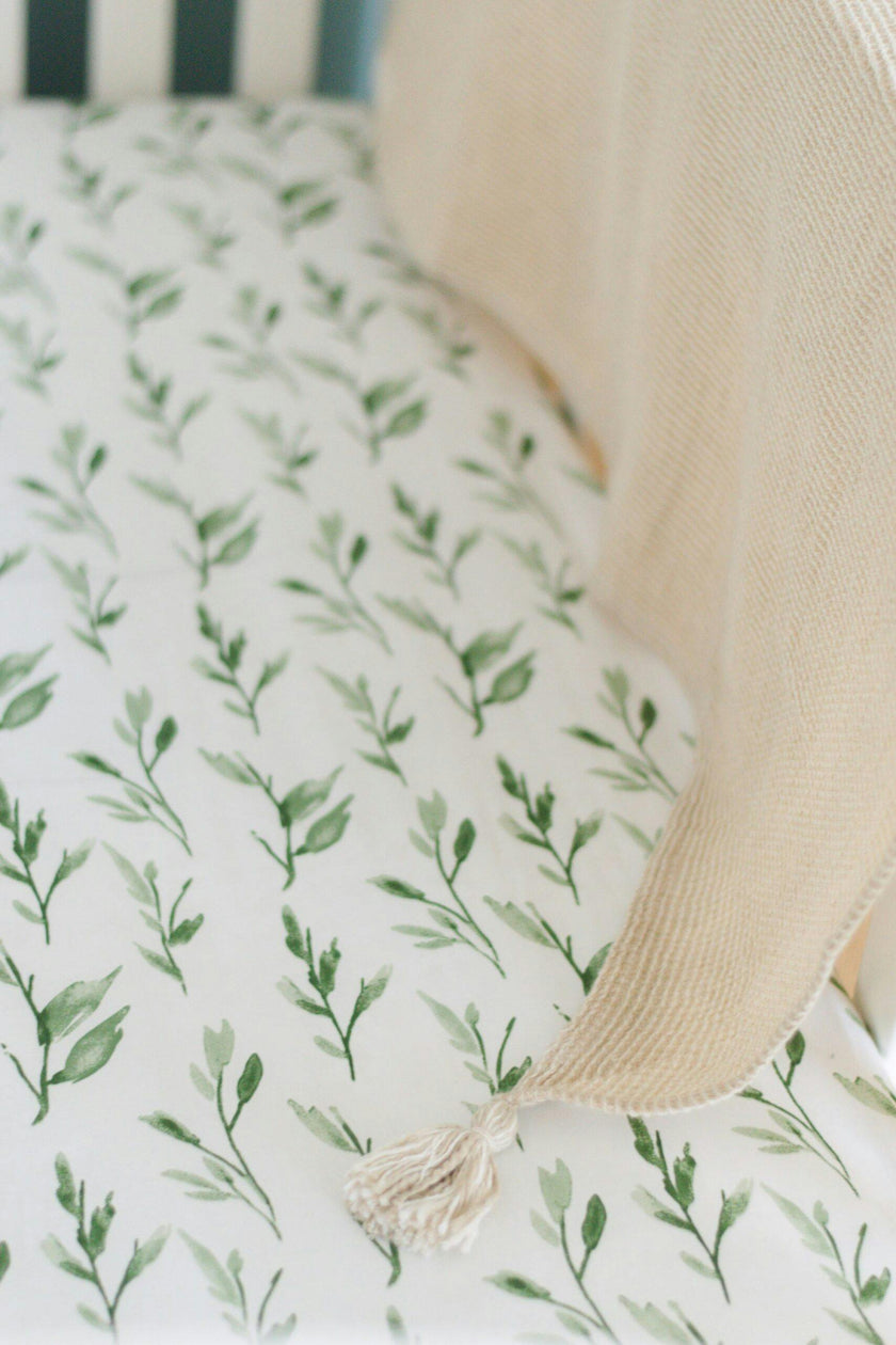 Parker Green Leaf Cotton Fitted Crib Sheet