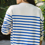 Women's Cream And Blue Stripe Knit Cardigan