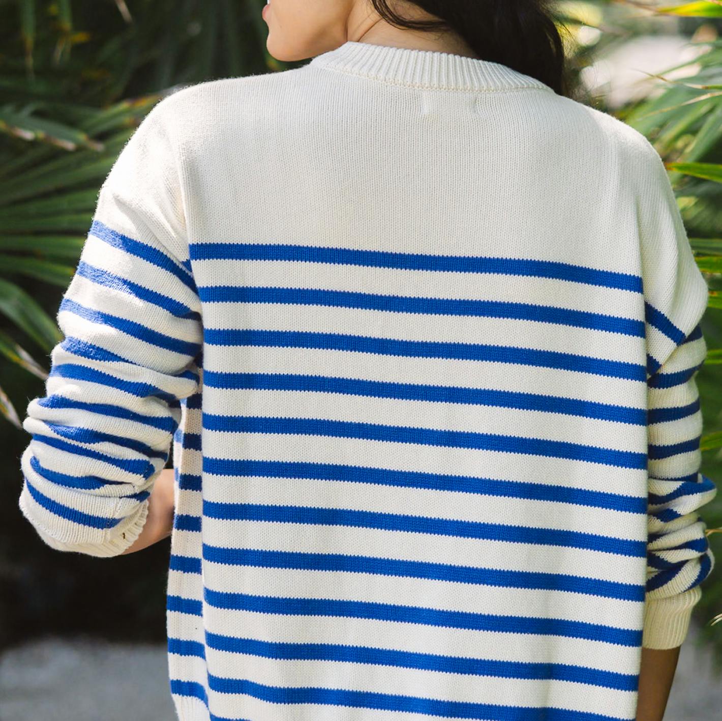 Women's Cream And Blue Stripe Knit Cardigan