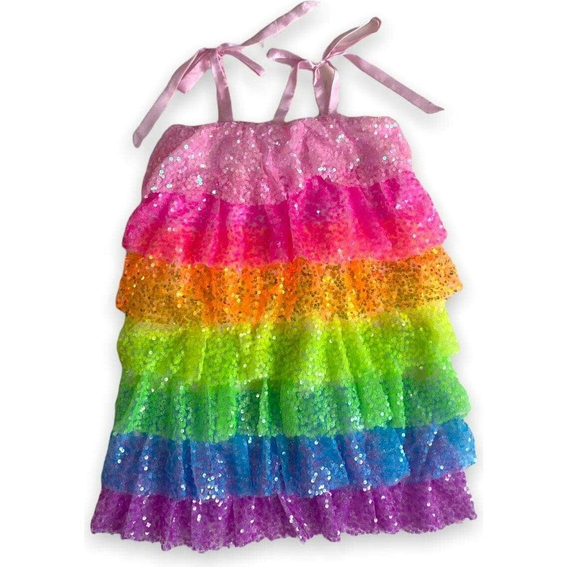 Neon Sequin Ruffle Dress With Tie Shoulders
