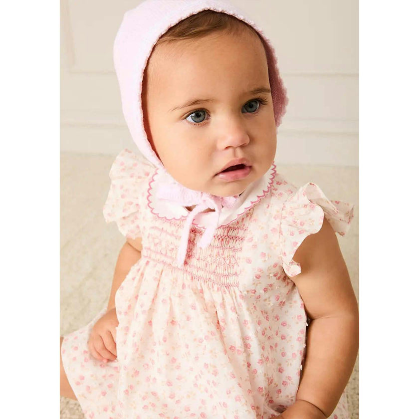 Martha Floral Hand Smocked Cap Sleeve Scallop Collar Dress in Pink (1-9mths)