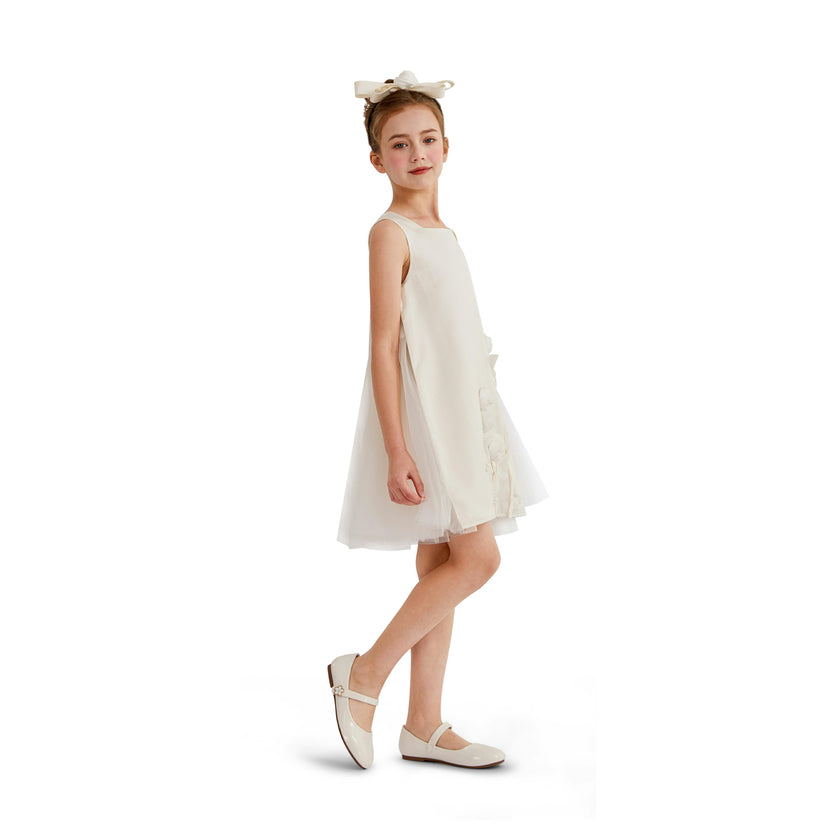 White Valmonta Satin Dress with Floral Accents