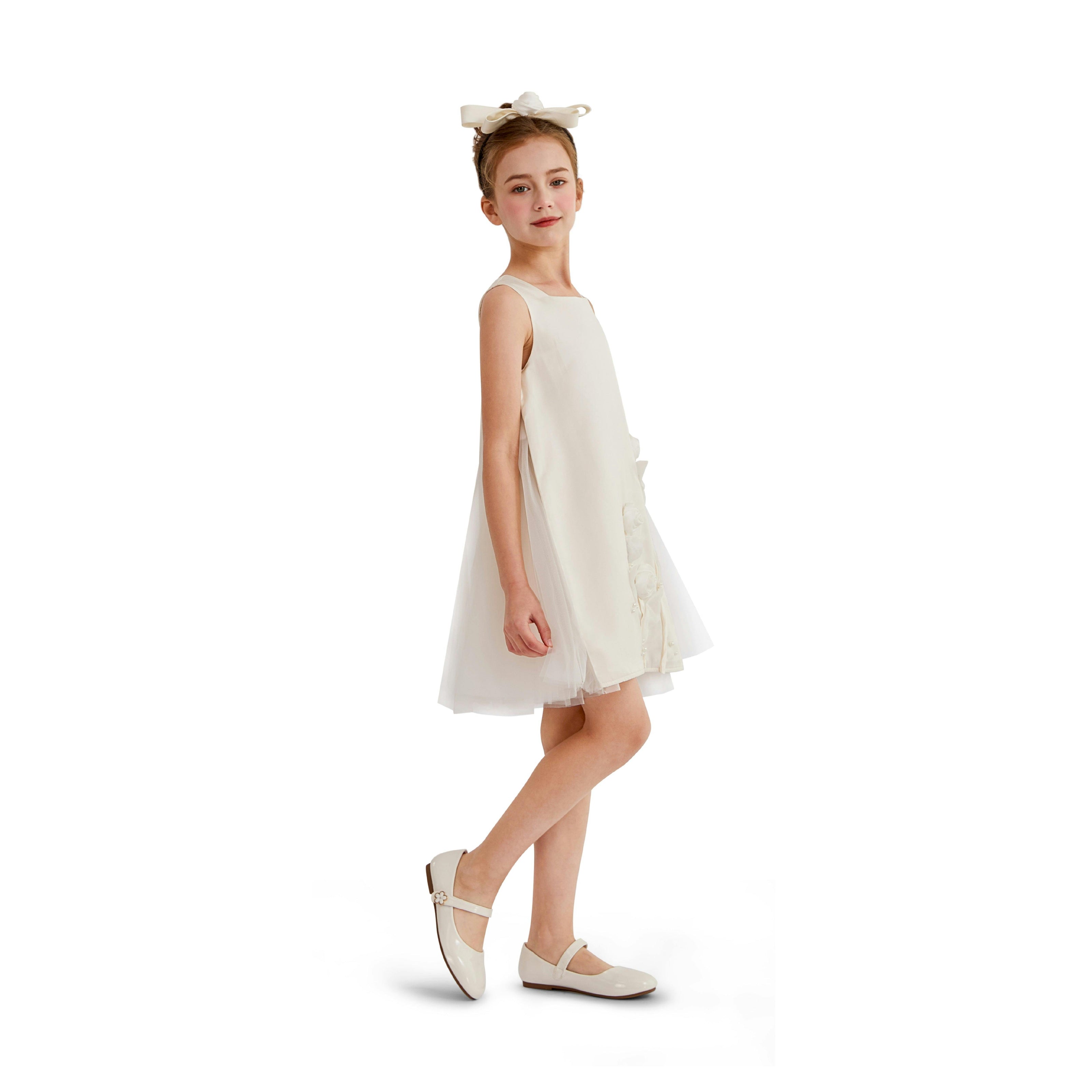 White Valmonta Satin Dress with Floral Accents