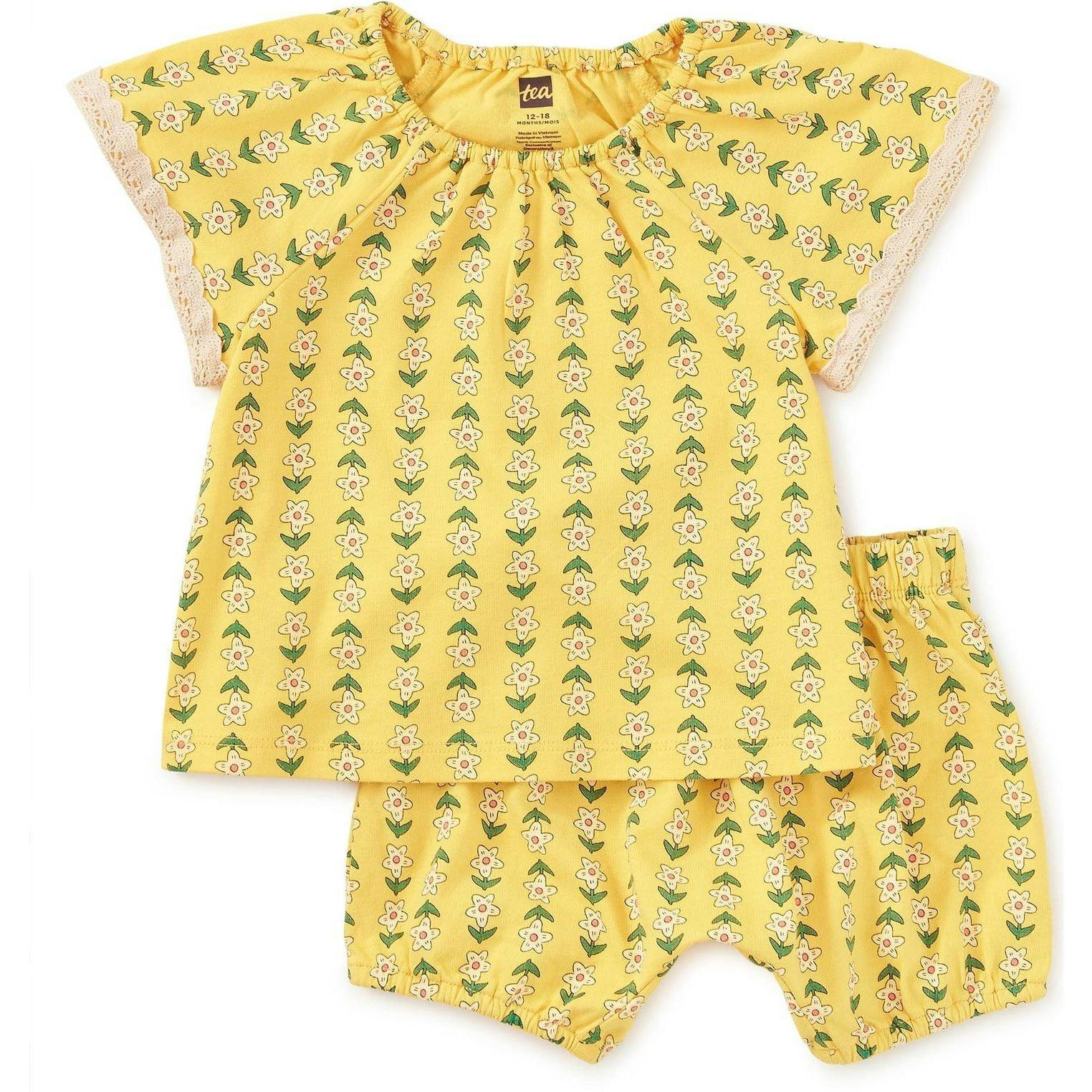 Printed Crochet Trim Baby Set, Yellow