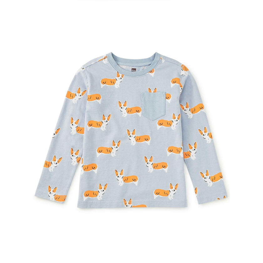Long Sleeve Printed Pocket Tee, Cutie Corgis