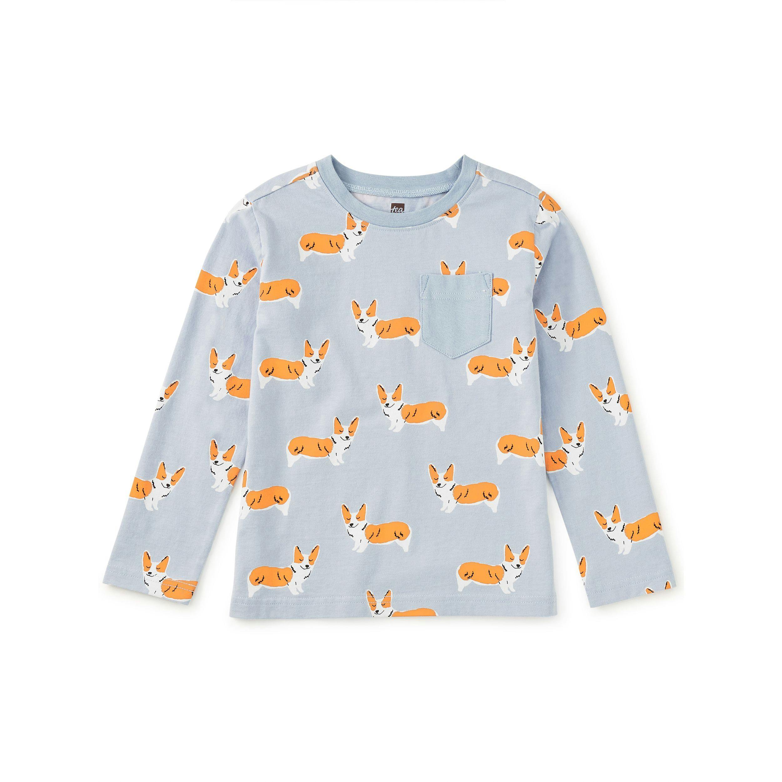Long Sleeve Printed Pocket Tee, Cutie Corgis