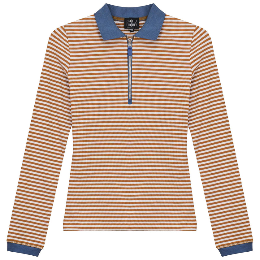 Stripped Ribbed Zipper Henley Tee