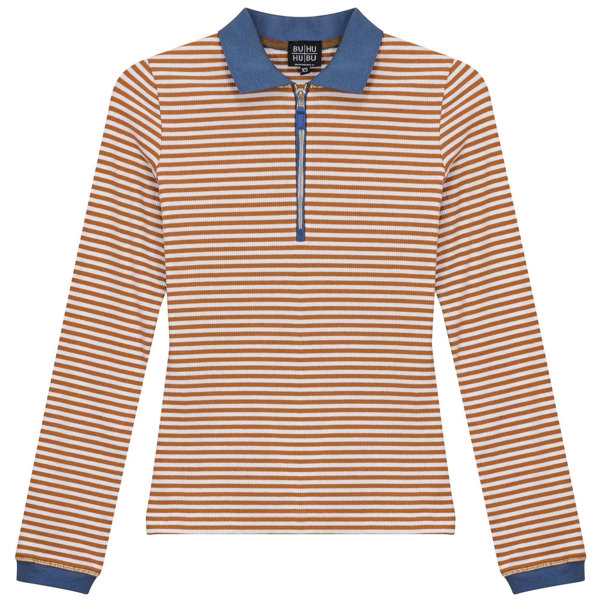 Stripped Ribbed Zipper Henley Tee