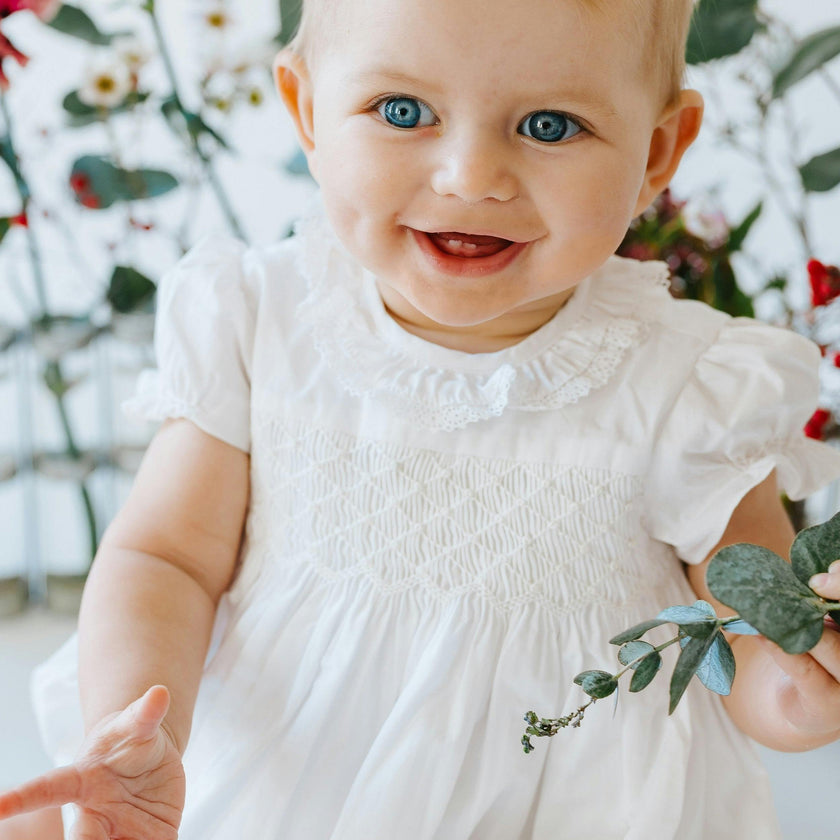 Antoinette Ceremony White Smocked Baby Bubble