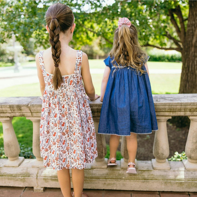 girls chambray embroidered cap sleeve dress