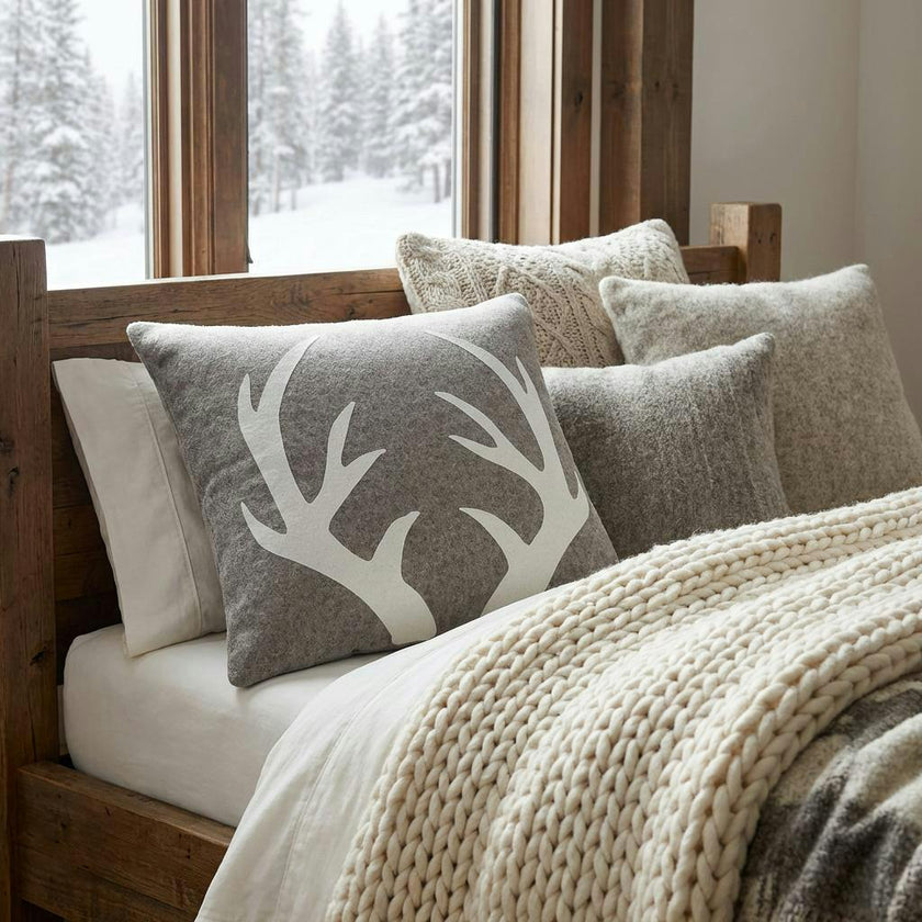 Hand Felted Wool Pillow - Cream Antlers Gray - 20"