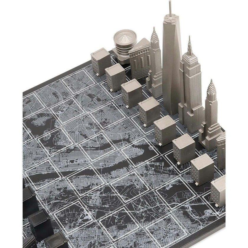 Chess Set Stainless Steel NEW YORK with Wood Map Board