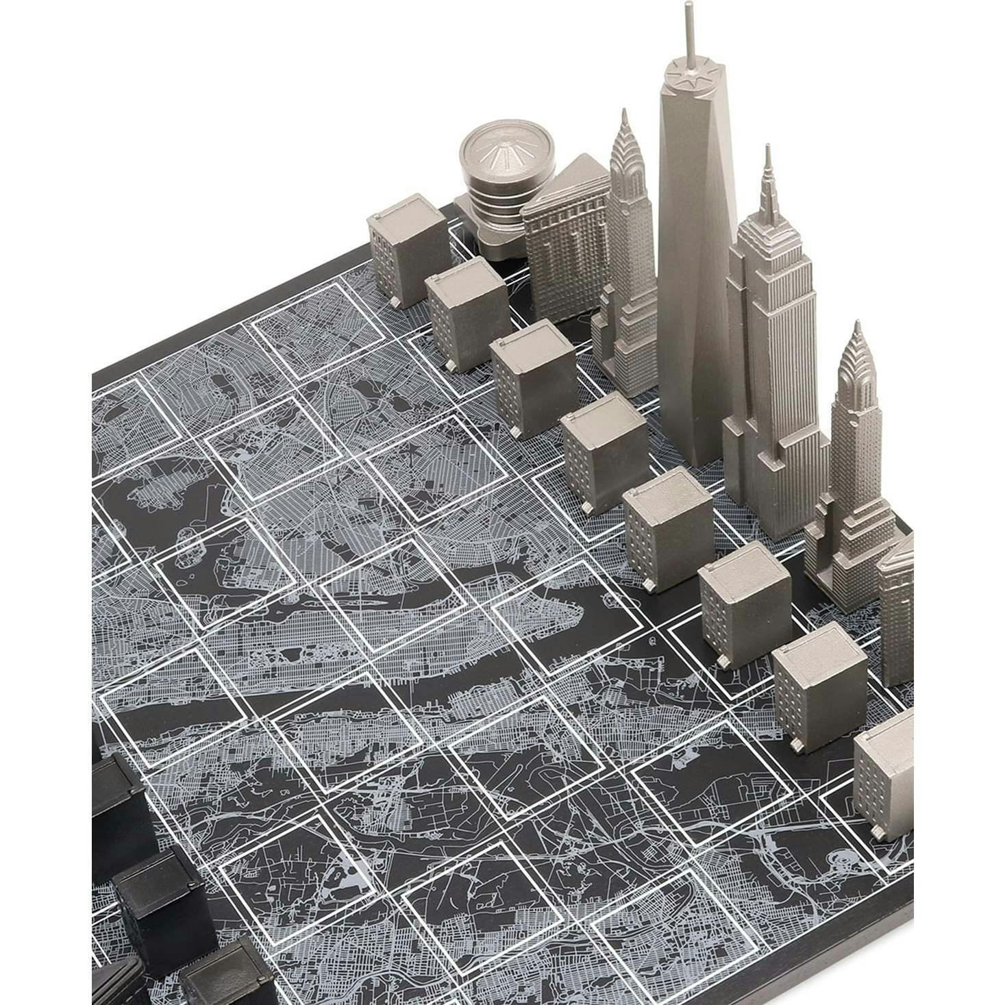 Chess Set Stainless Steel NEW YORK with Wood Map Board