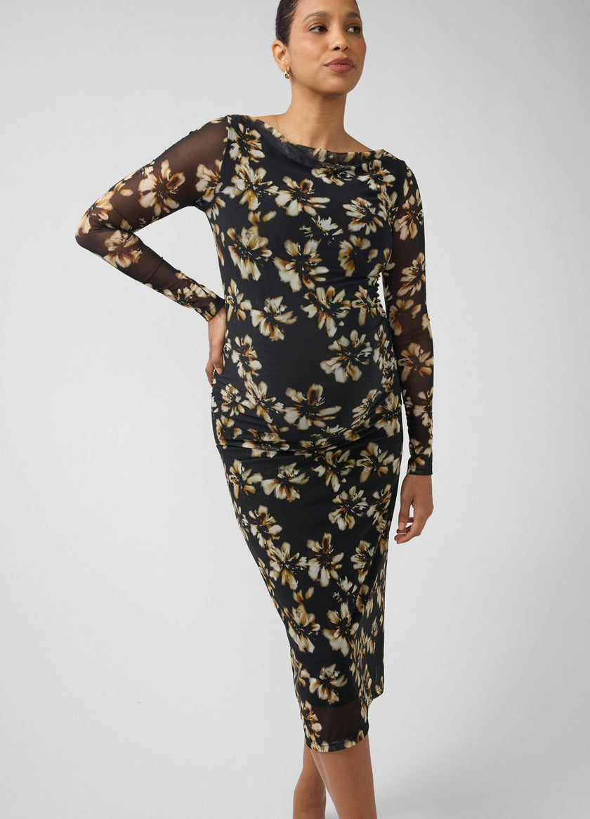 Long Sleeve Ruched Mesh Maternity Midi Dress