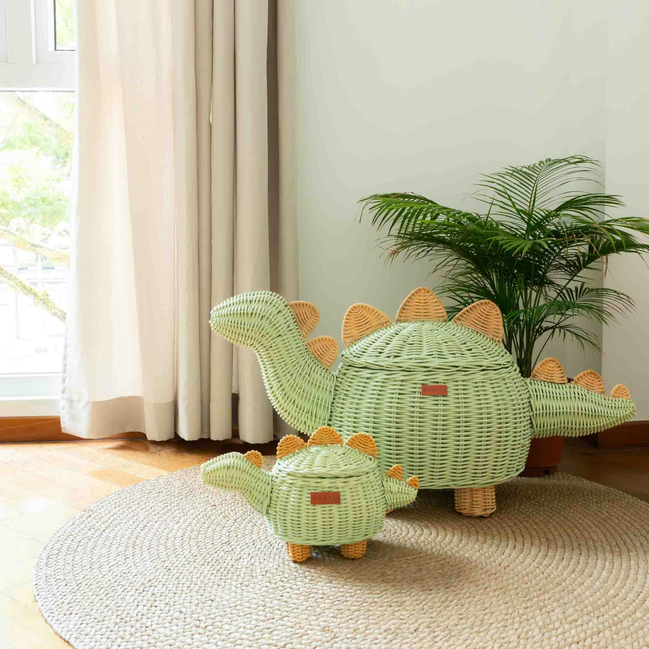 Handcrafted - Dinosaur Storage Basket Mint Green (Small) - Rattan Wicker