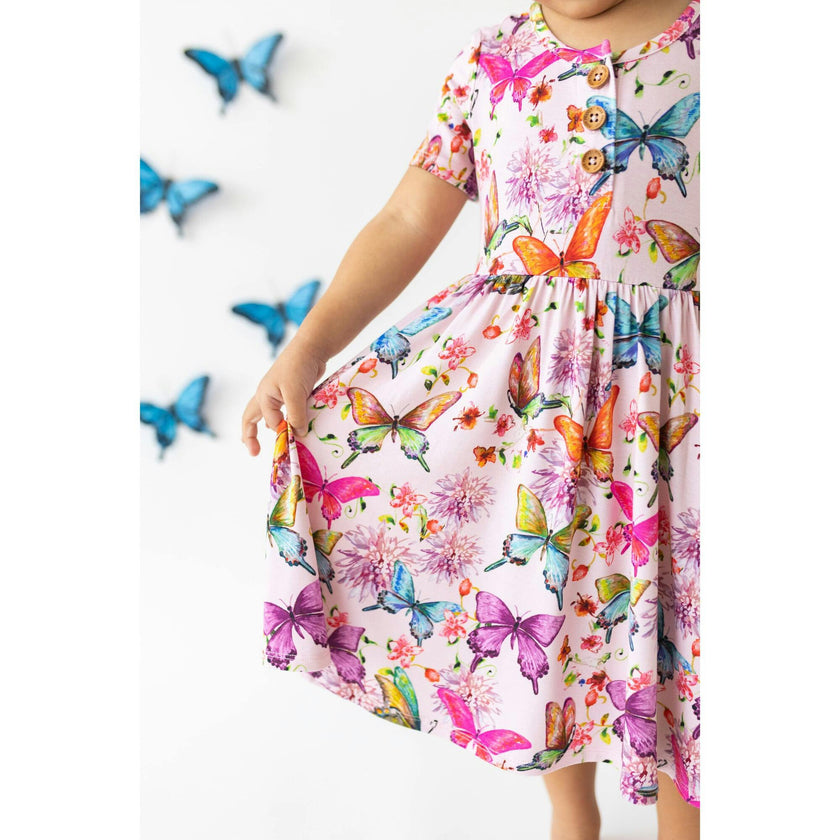 Watercolor Butterfly Short Sleeve Ruffled Twirl Dress