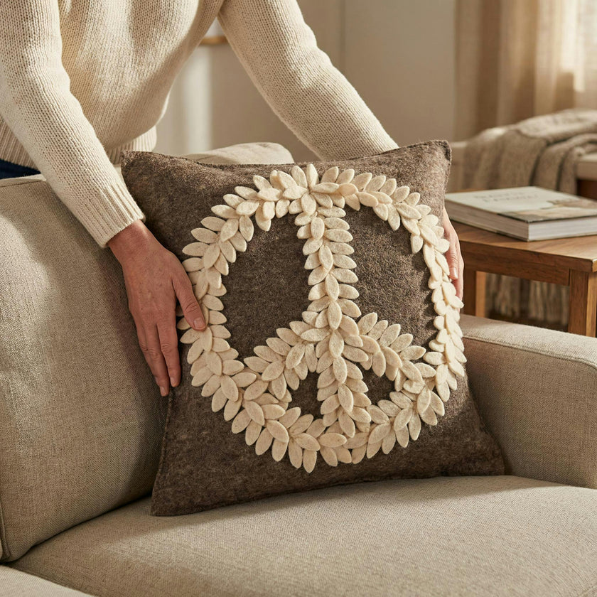 Hand Felted Wool Pillow Cover, Cream Peace Sign Gray, 20"