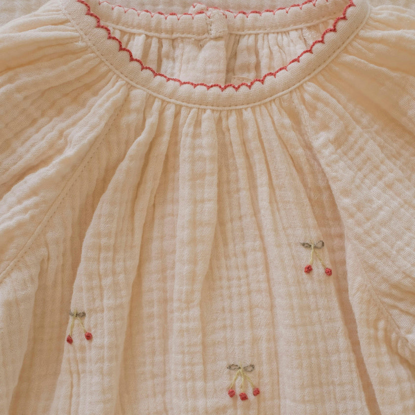 Gauze Romper in Embroidered Cherries