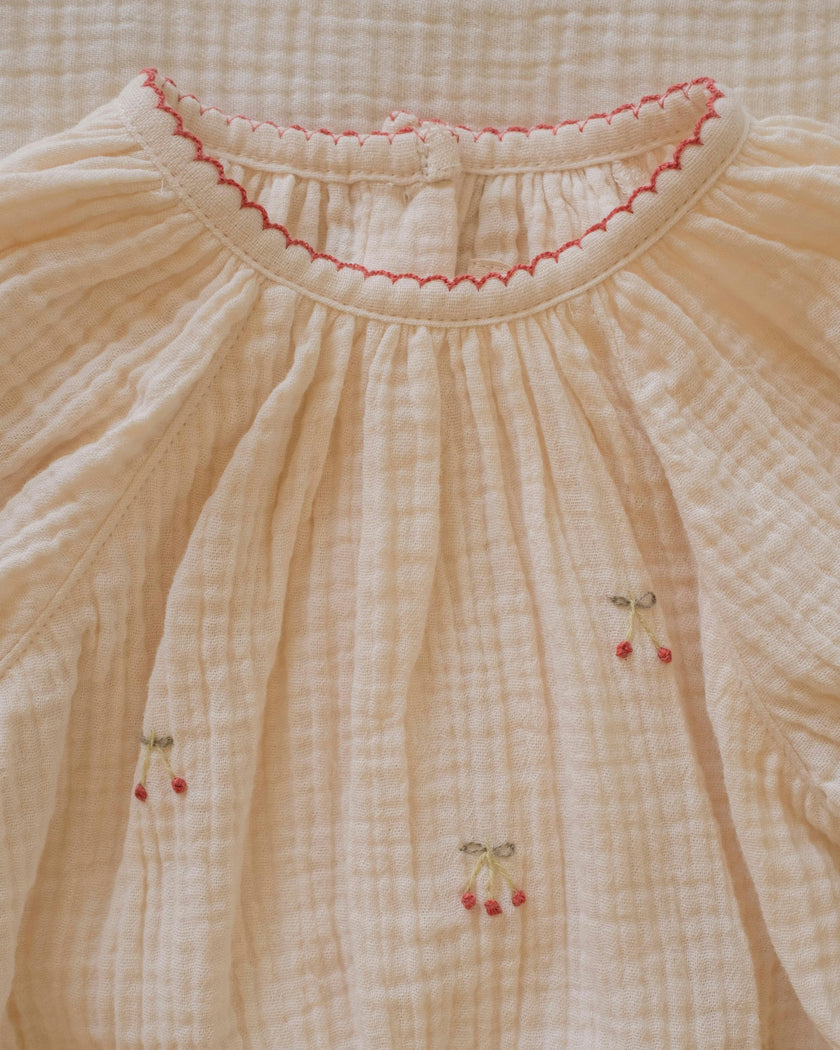 Gauze Romper in Embroidered Cherries