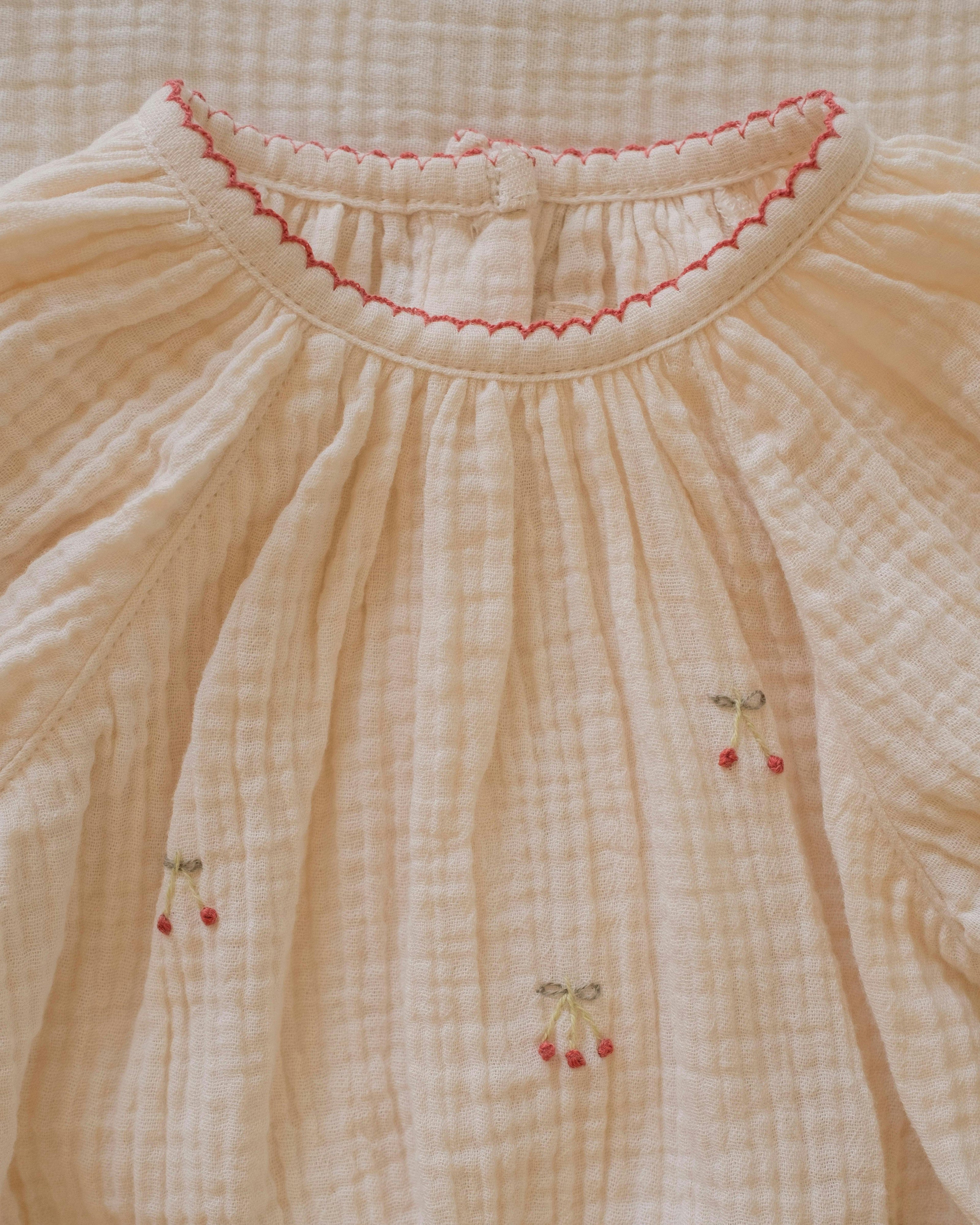 Gauze Romper in Embroidered Cherries
