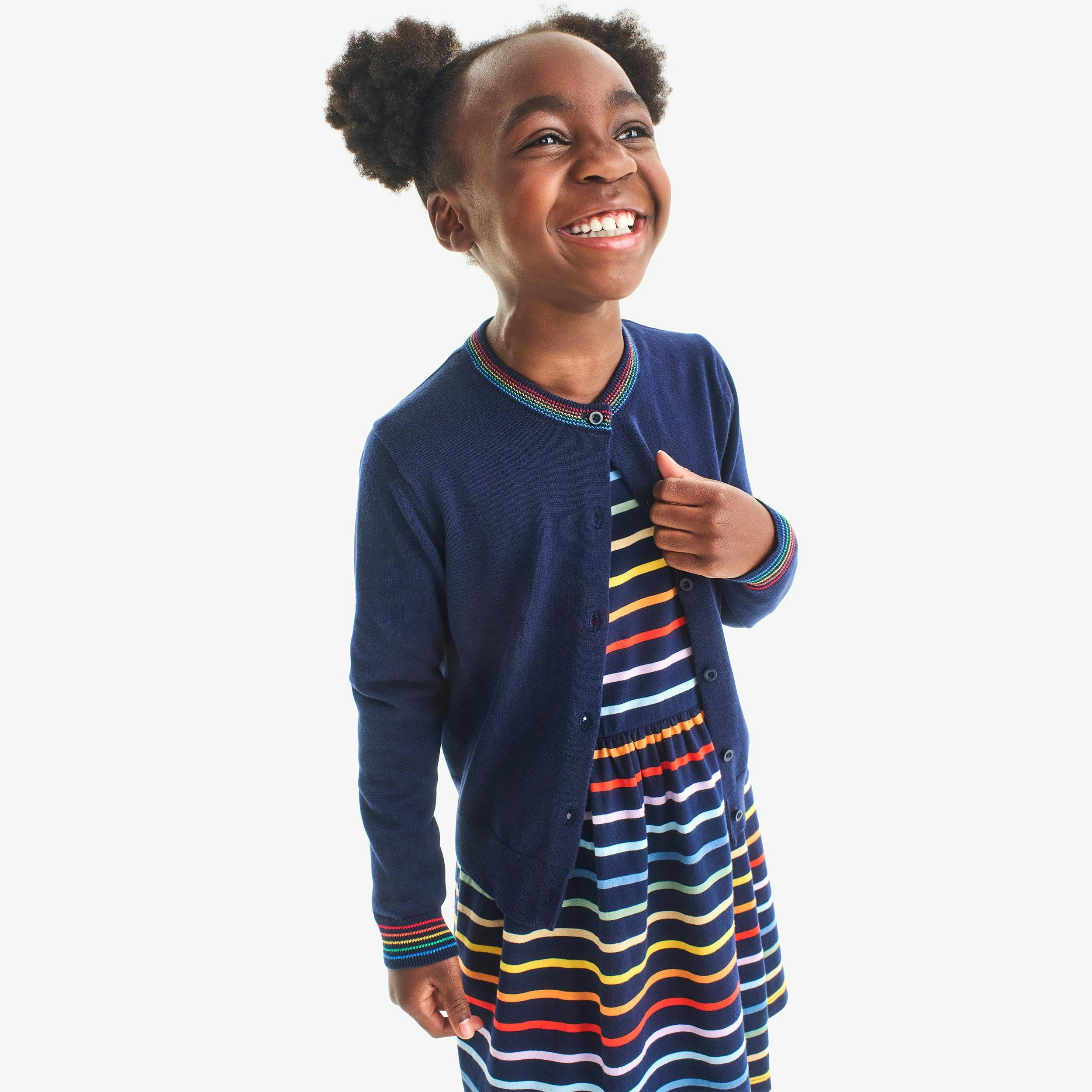 Kids long sleeve perfect pocket dress in rainbow stripe