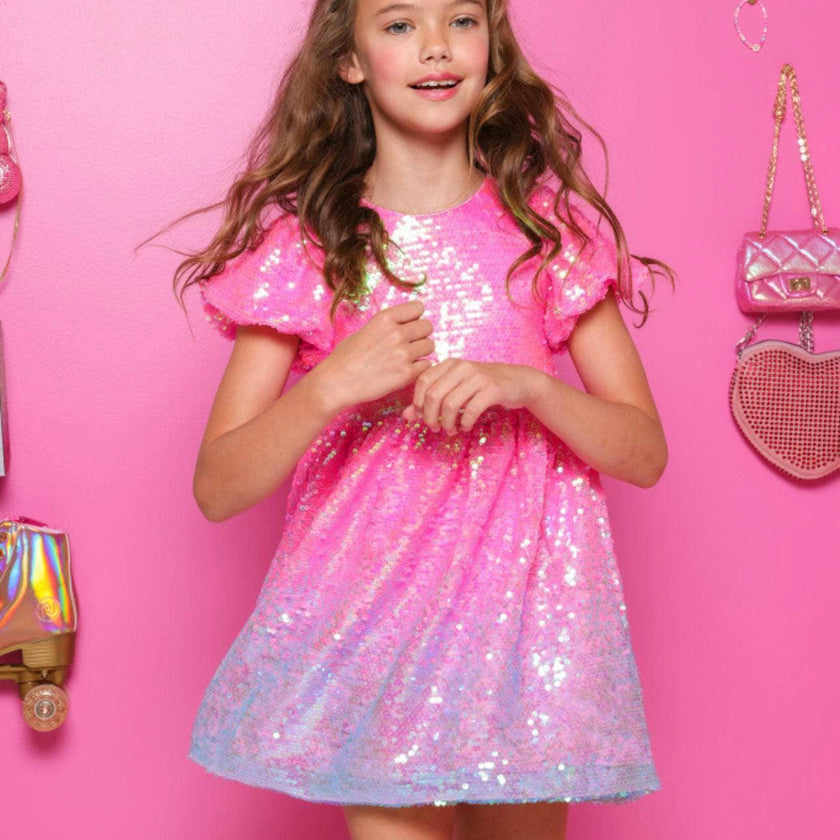 Bubble Gum Short Puff Sleeve Shimmer Sequin Dress