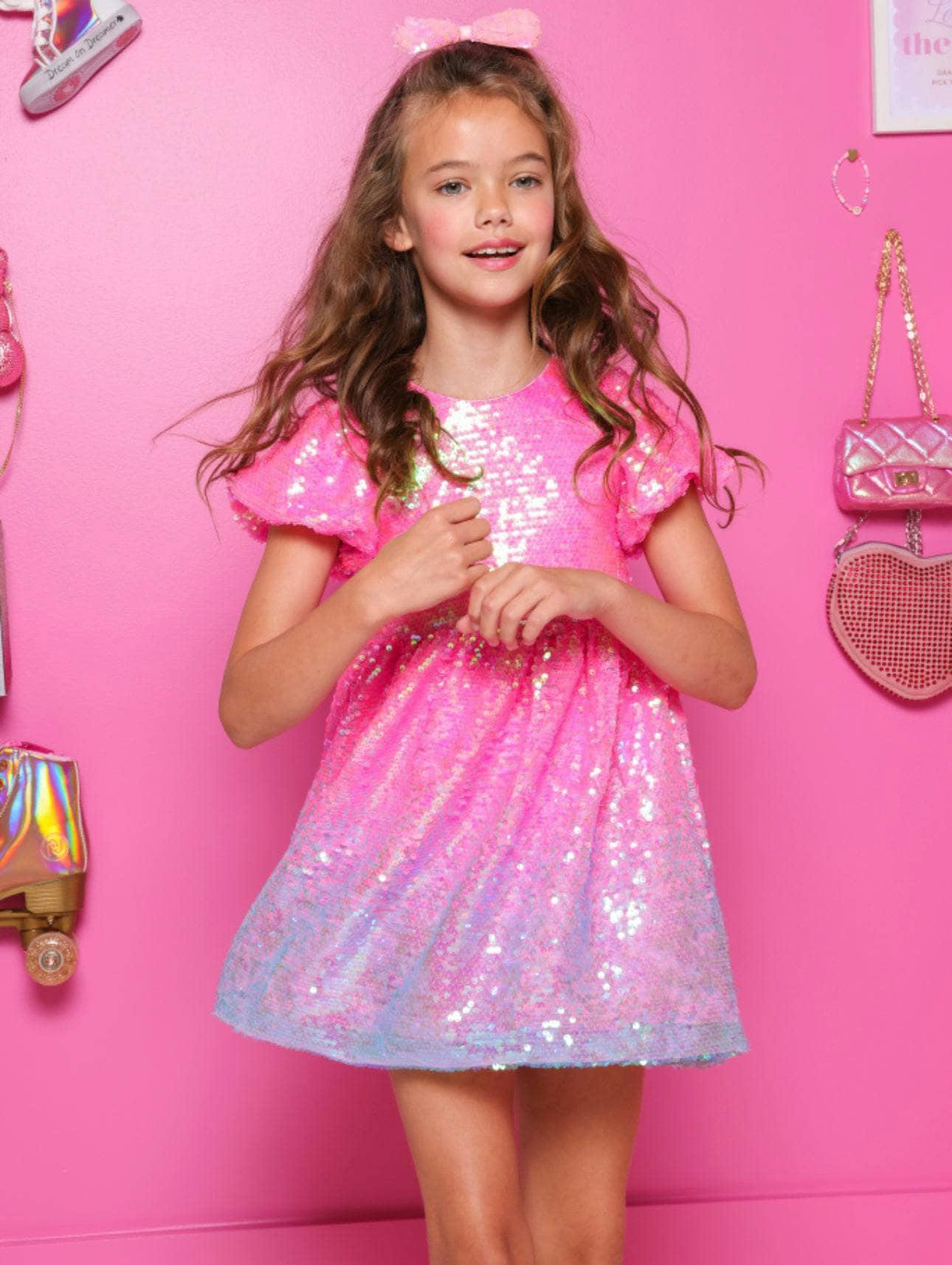 Bubble Gum Short Puff Sleeve Shimmer Sequin Dress