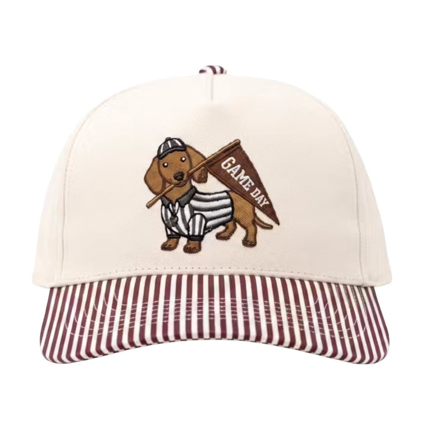Game Day Dachshund Embroidered Hat, Brown Stripes