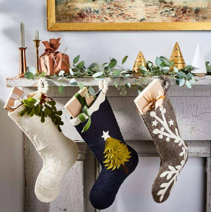 Hand Felted Wool Christmas Stocking, Stars and Branch Gray