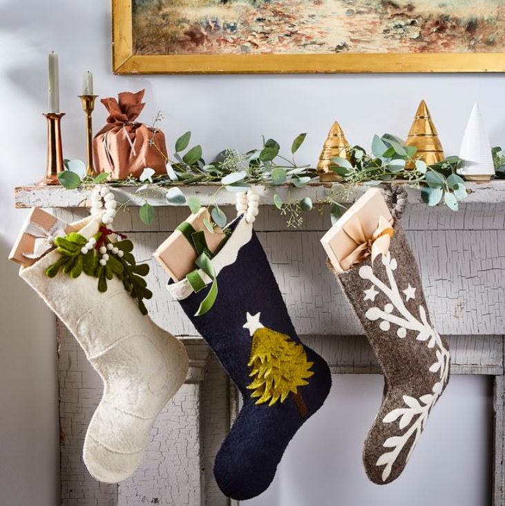 Hand Felted Wool Christmas Stocking, Stars and Branch Gray