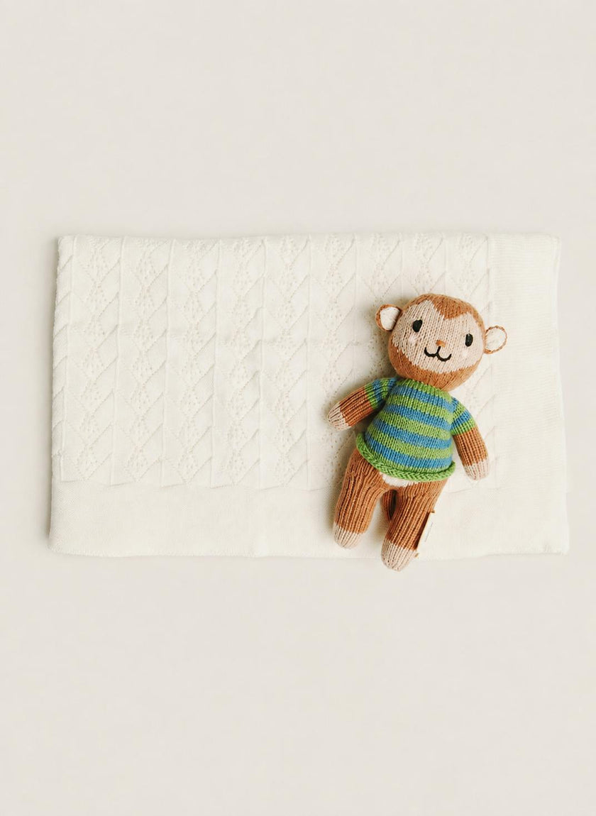 Baby Gift Set: Ivory Wonder Blanket, Love Language Bib and Burp Cloth and Marlow the Monkey Knit Doll