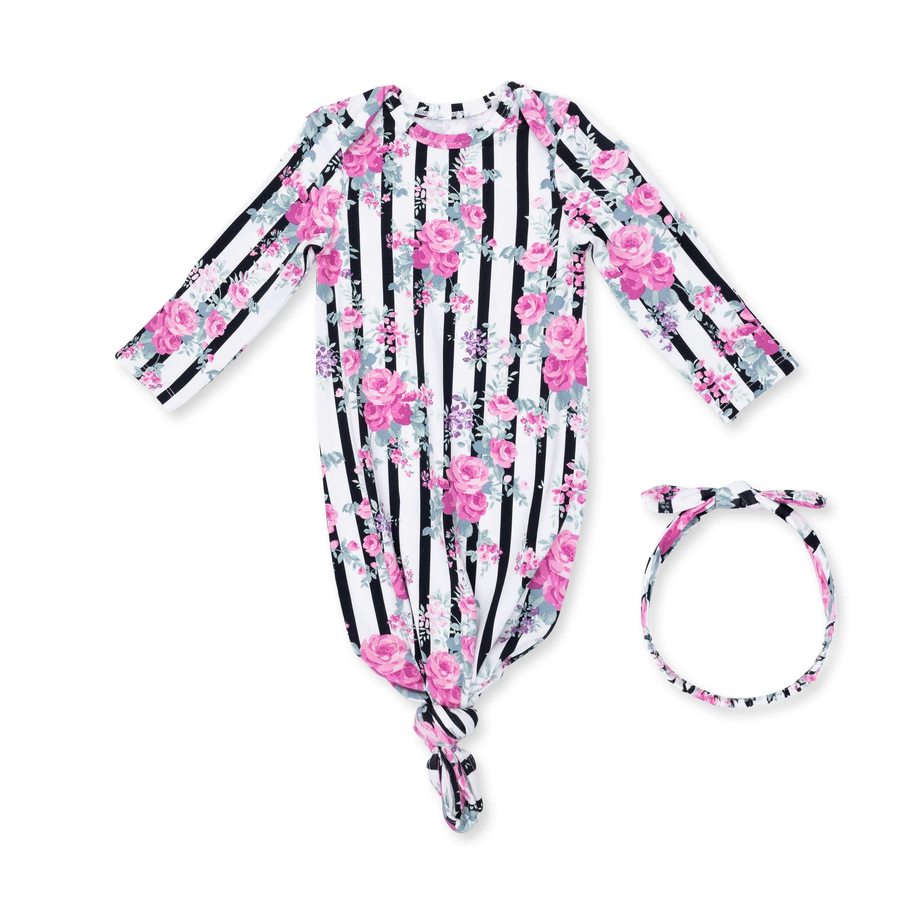 Cabbage Rose Stripe - Knotted Gown and Knot Headband