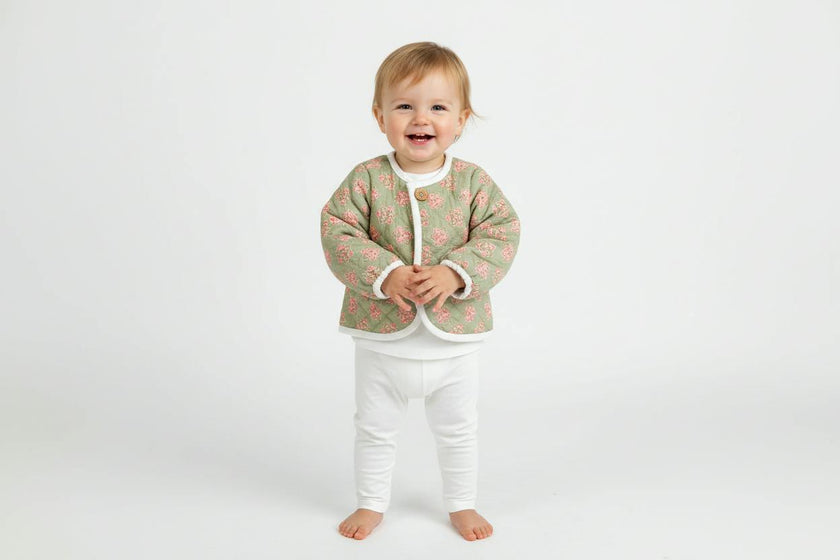 Reversible Off-White Corduroy and Sage Green Floral Print Quilted Long Sleeve Jacket