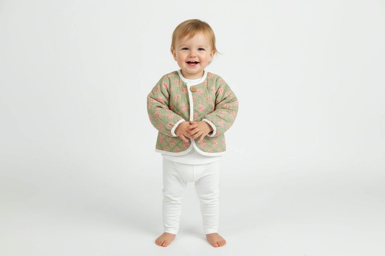 Reversible Off-White Corduroy and Sage Green Floral Print Quilted Long Sleeve Jacket