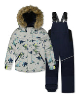 Two Piece Discover Snowsuit Grey Skiing Dinosaur Print