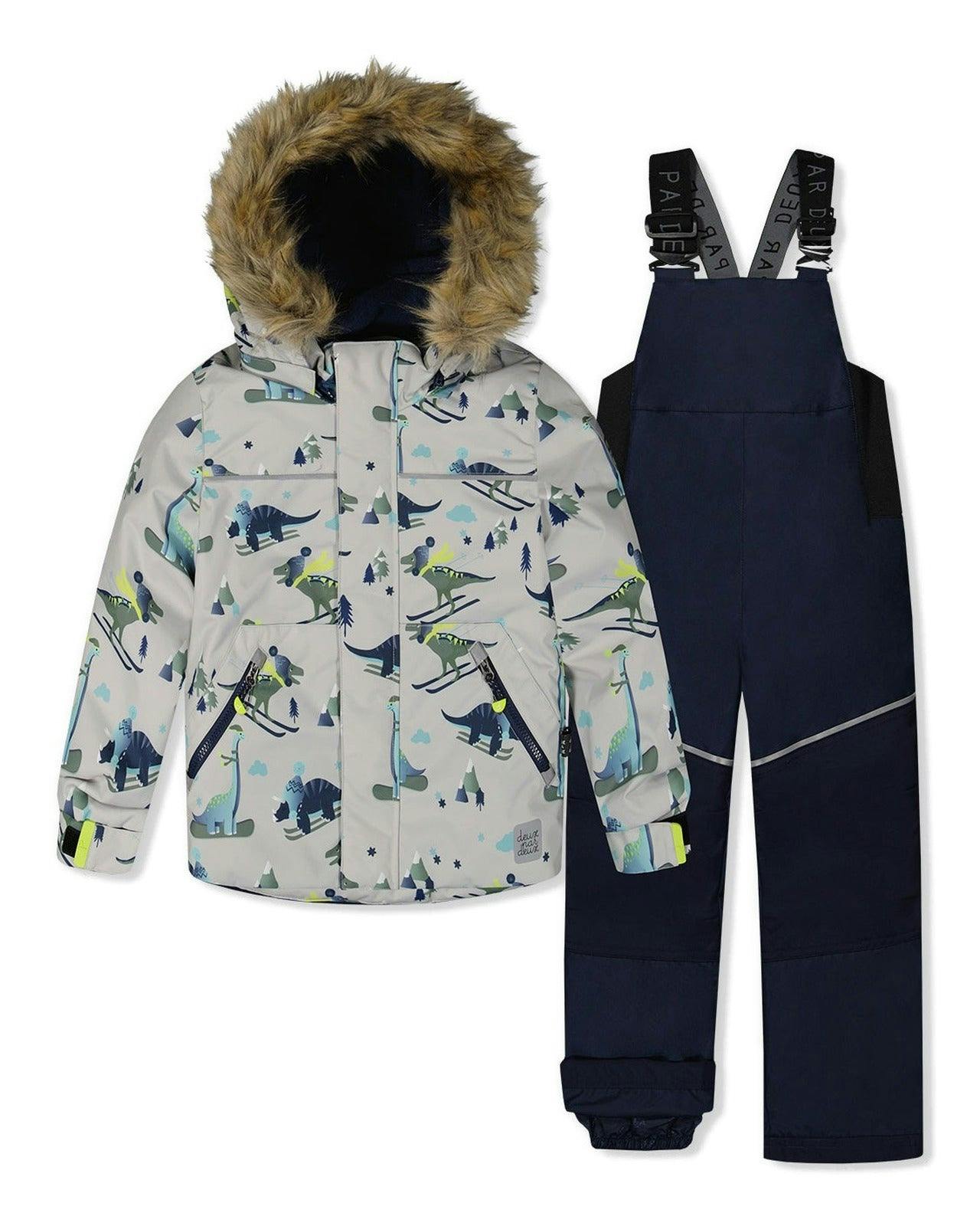 Two Piece Discover Snowsuit Grey Skiing Dinosaur Print