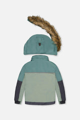 Two Piece Play Snowsuit Green And Navy Colorblock With Blue Camouflage Pants
