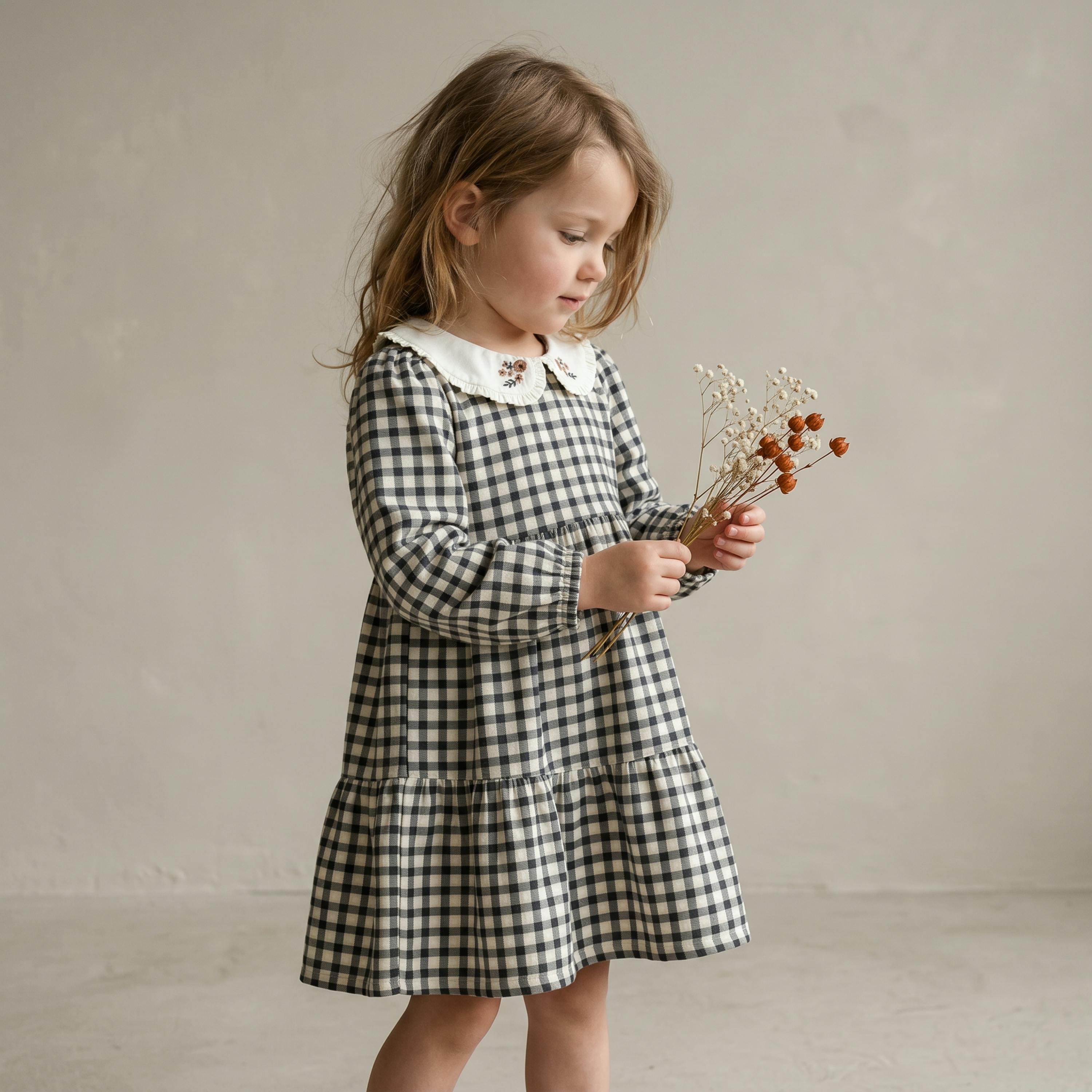Organic Collar Tiered Dress - Charcoal Plaid
