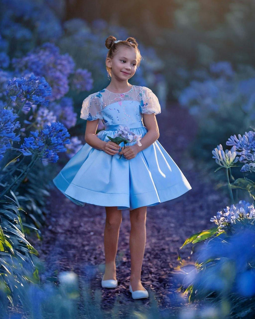 Celestial Butterfly Blue Sequin Tulle Birthday Dress for Girls