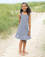Navy Stripe Knit Dress With Shirred Skirt