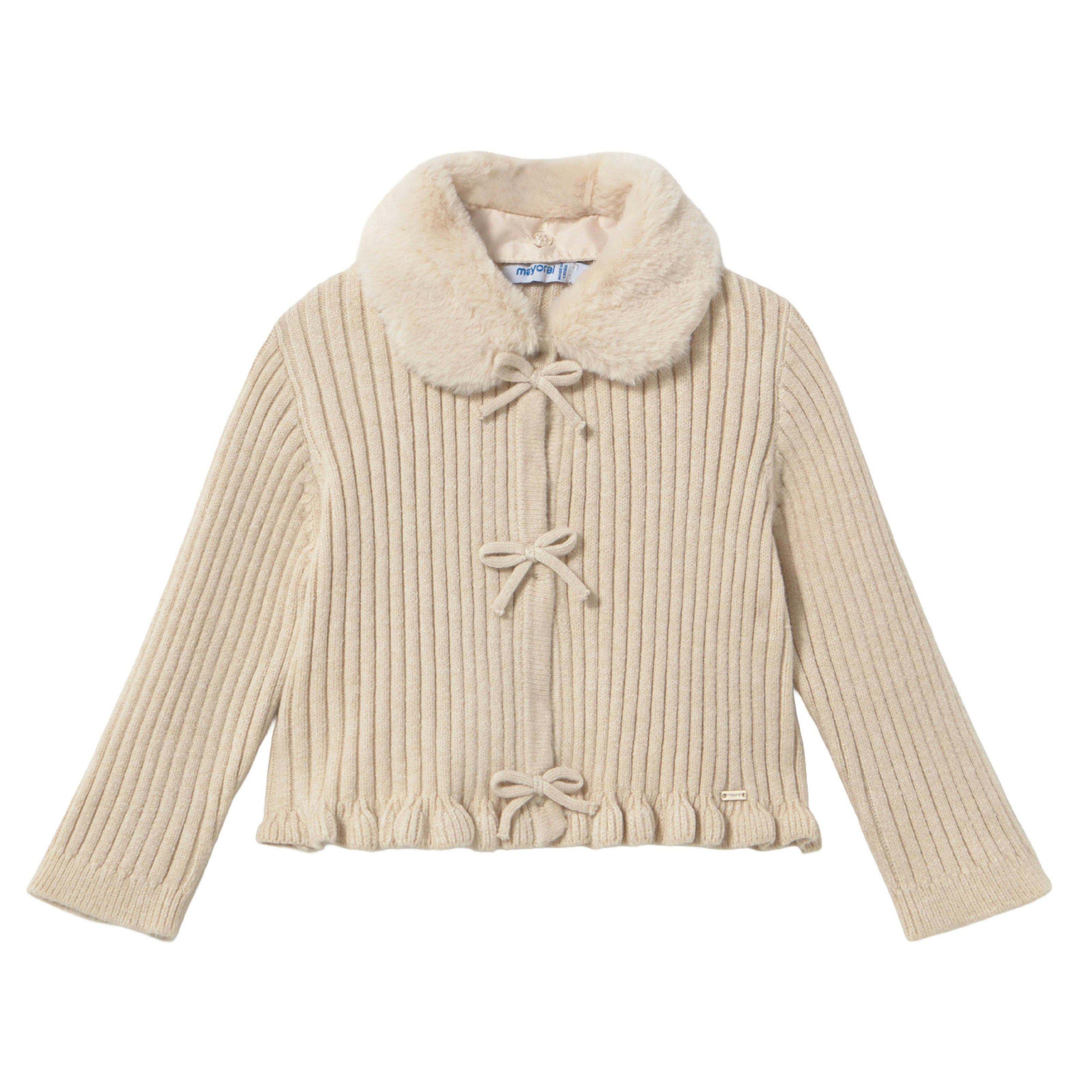 Beige Cardigan with Faux Fur Collar