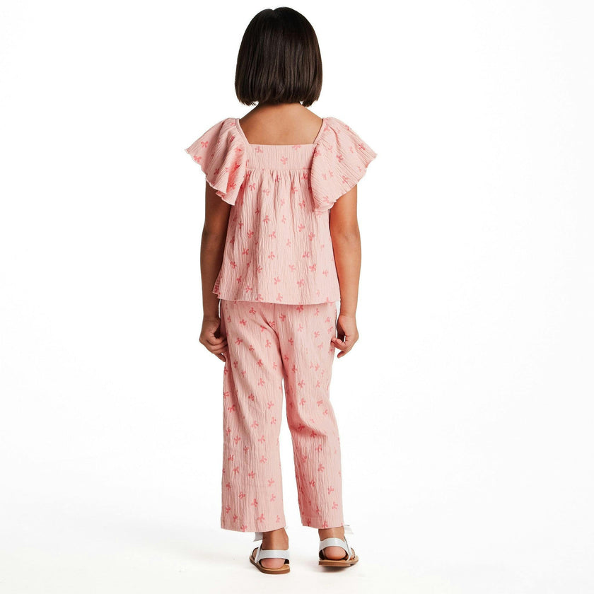 Girls Knit Seersucker Top & Pant Set | Pink Bow Print