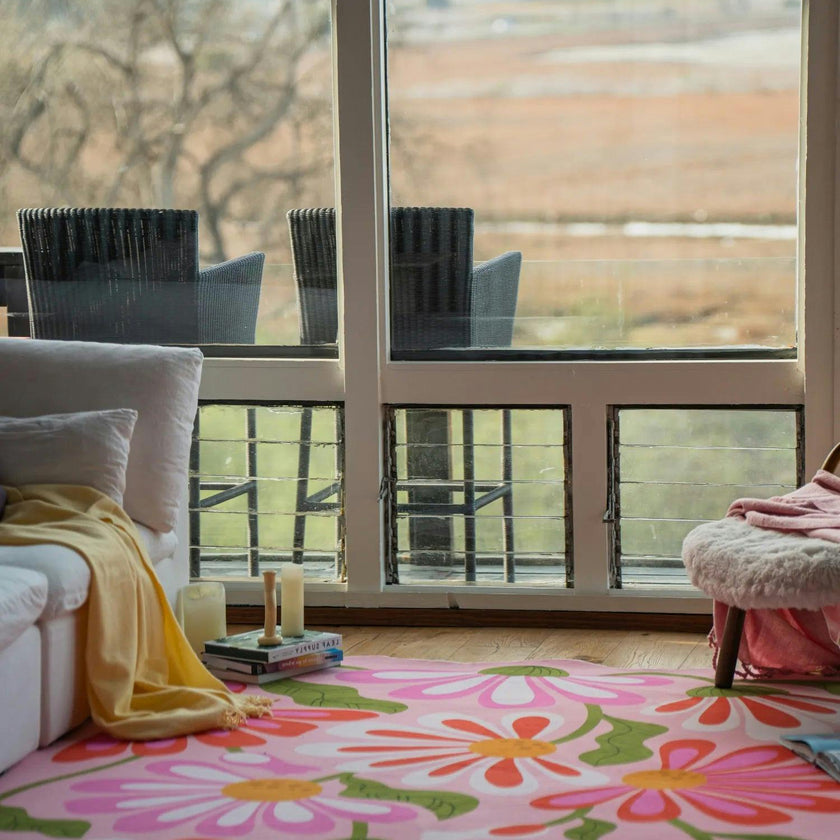 Pink Base Pink Floral Wavy Rug by Jessica Miller