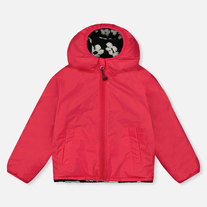 Reversible Mid-Season Jacket Pink And Black Printed Flowers