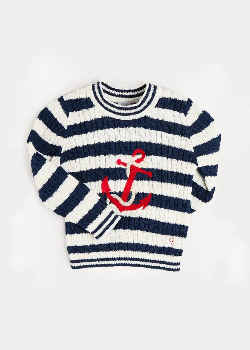 Anchor Motif Cable Knit Sailor Stripe Jumper in Navy (12mths- 10yrs)
