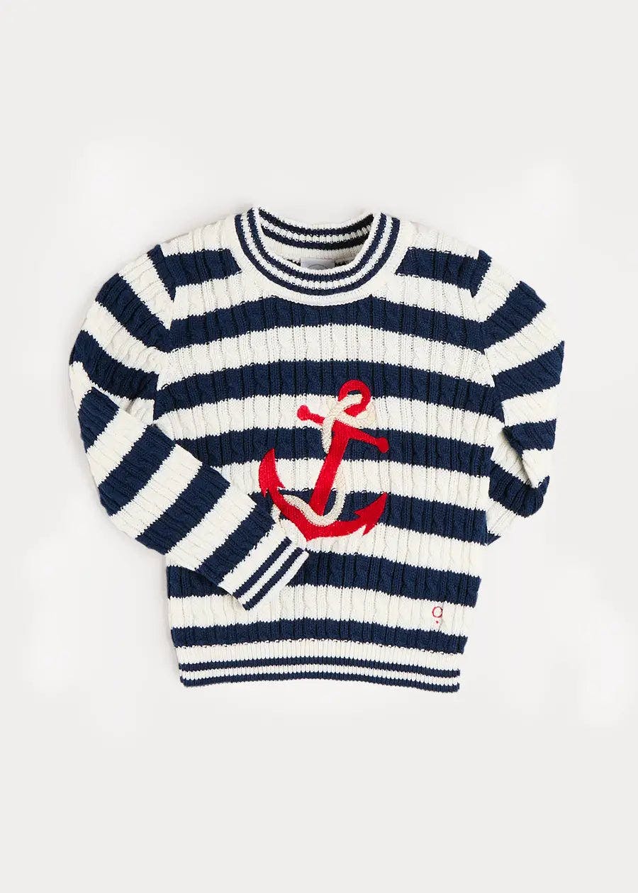 Anchor Motif Cable Knit Sailor Stripe Jumper in Navy (12mths- 10yrs)