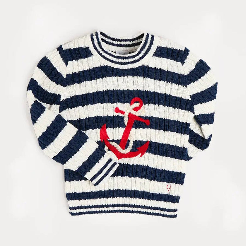 Anchor Motif Cable Knit Sailor Stripe Jumper in Navy (12mths- 10yrs)