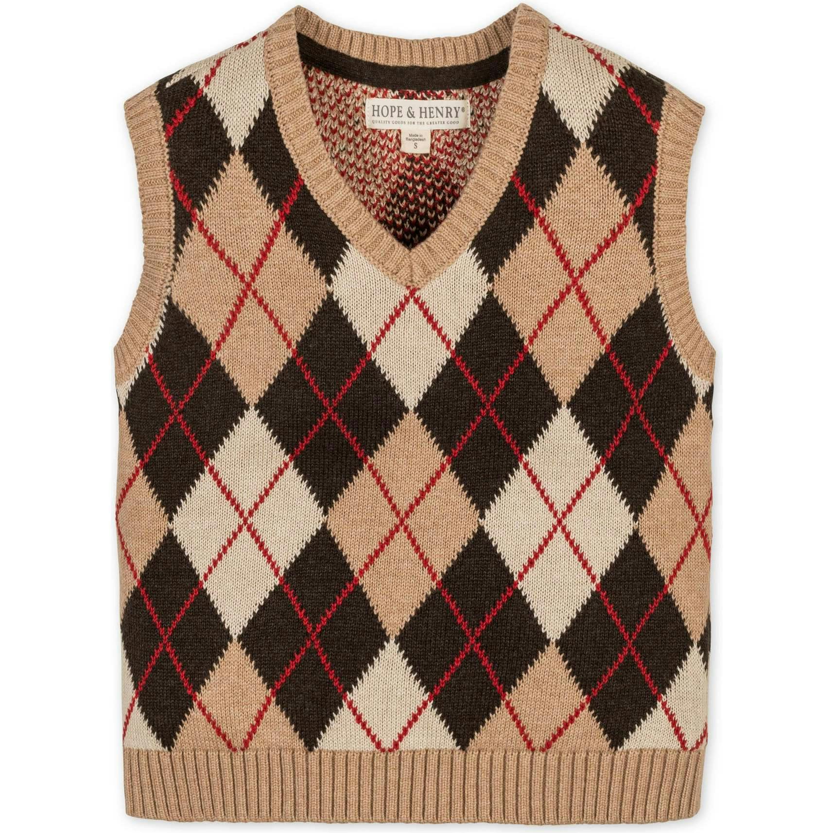 Organic V-Neck Argyle Sweater Vest, Brown