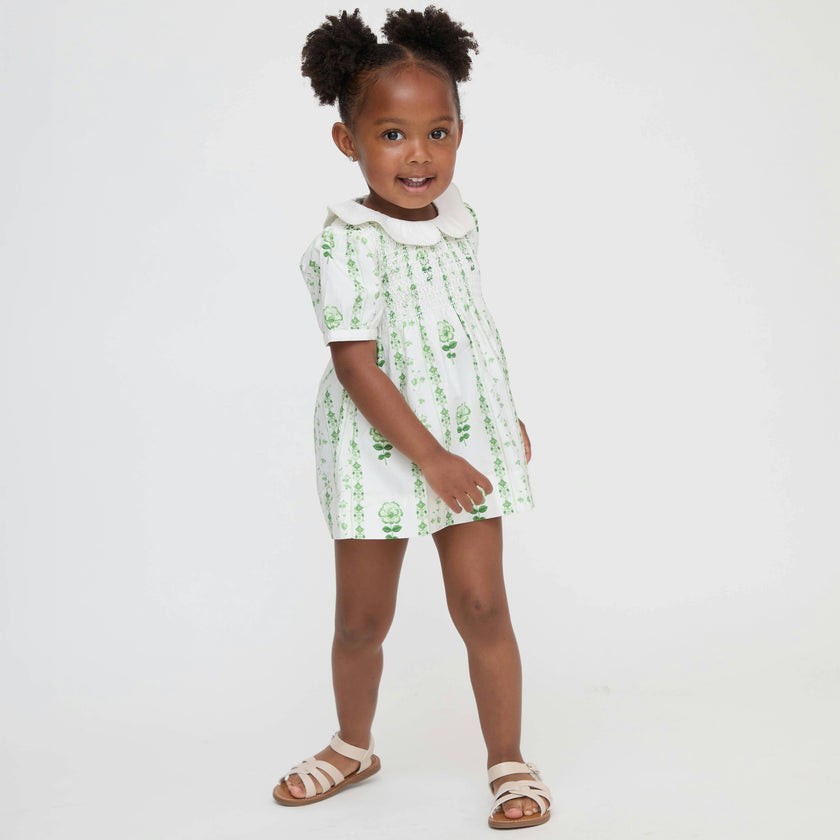 The Baby Mina Nap Dress - White/Green Arcadia Border